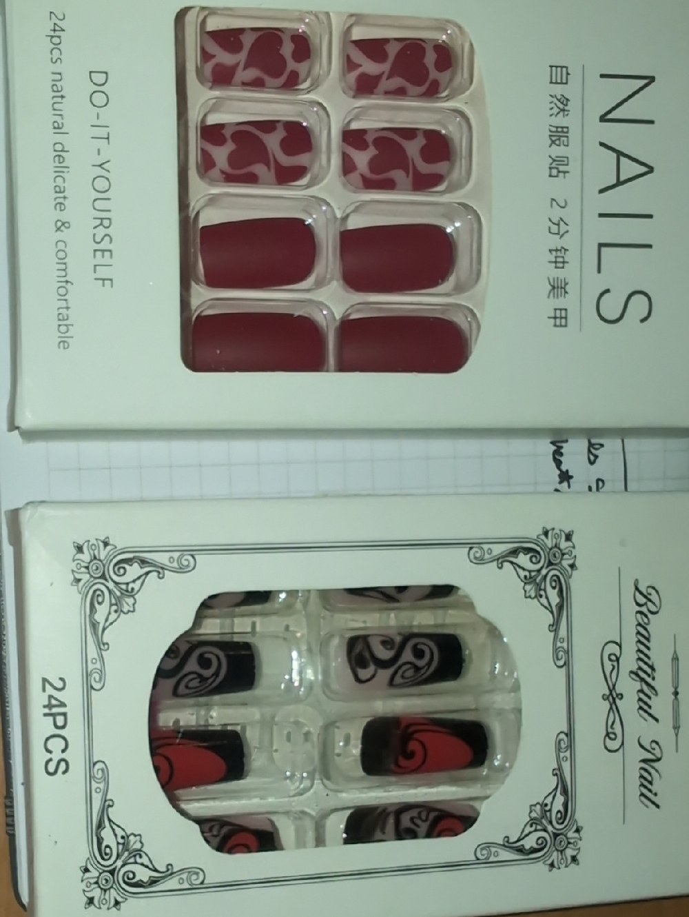 2 Sets Press ons Med Red Hearts. Long Red&Black Patterned